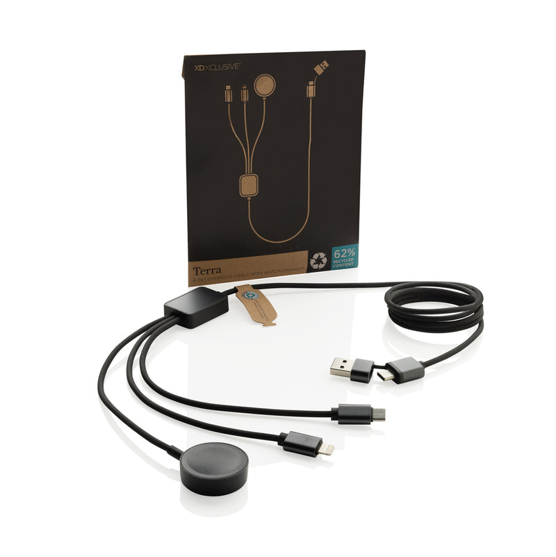 Load image into Gallery viewer, XD Xclusive Terra RCS rPET 6-in-1 charging cable with watch charger for phones and tablets, black multi-device accessory.
