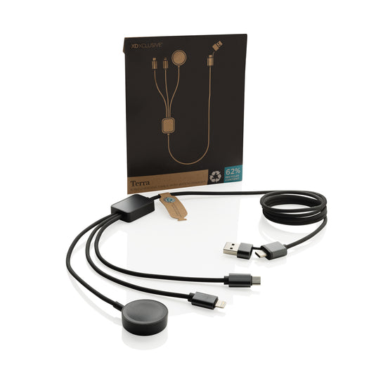 XD Xclusive Terra RCS rPET 6-in-1 charging cable with watch charger for phones and tablets, black multi-device accessory.