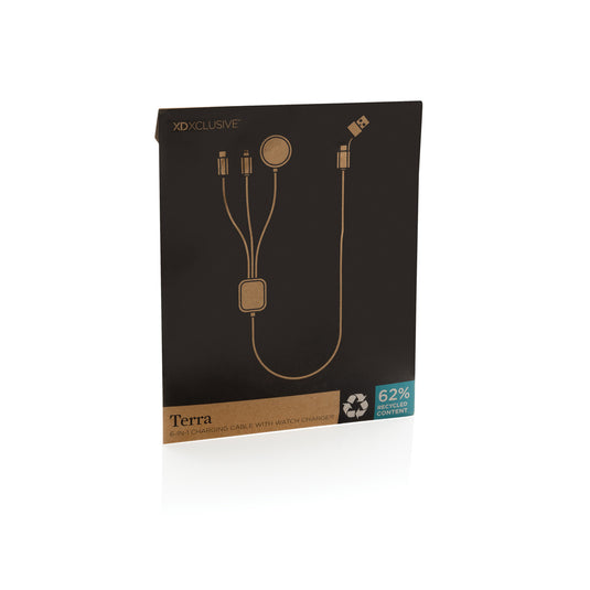 XD Xclusive Terra RCS rPET 6-in-1 charging cable with watch charger for phones and tablets, showing multiple connector heads and watch charger.