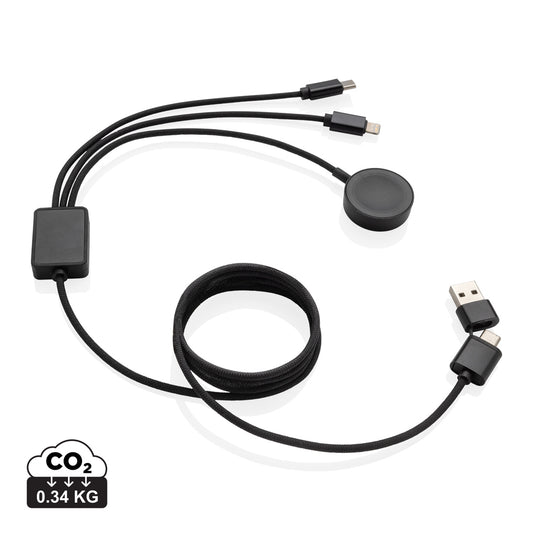 XD Xclusive Terra RCS rPET 6-in-1 charging cable with watch charger, versatile phone and tablet accessory.