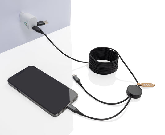 XD Xclusive Terra RCS recycled PET 3-meter 4-in-1 cable for phone and tablet accessories, showing multiple connectors and durable design.