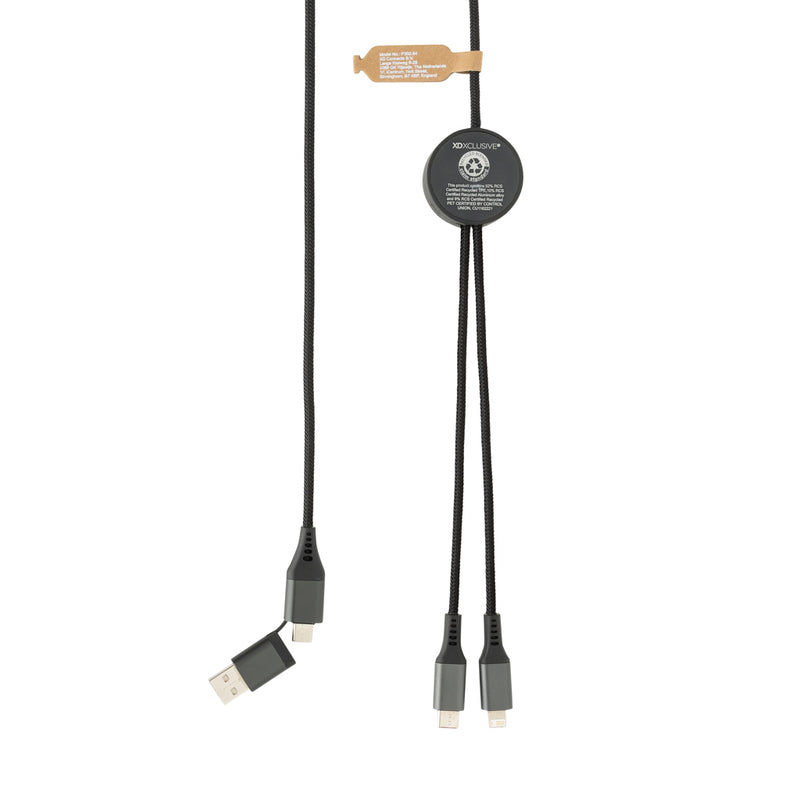 Load image into Gallery viewer, XD Xclusive Terra RCS recycled PET 3-meter 4-in-1 phone and tablet cable with multiple connectors, eco-friendly and durable.
