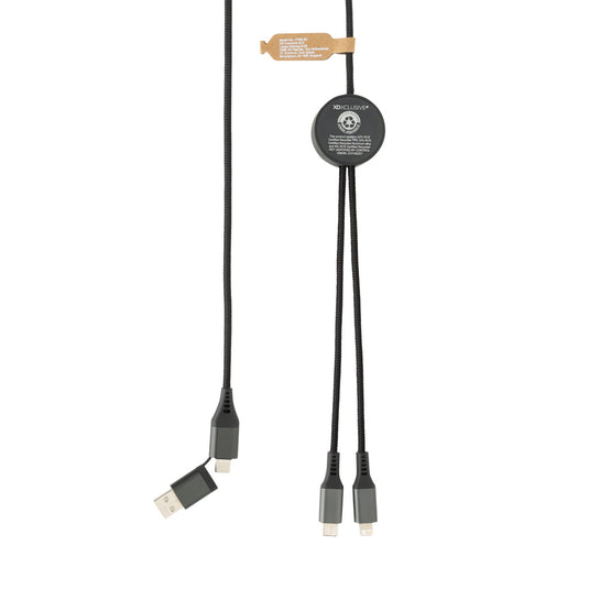 XD Xclusive Terra RCS recycled PET 3-meter 4-in-1 phone and tablet cable with multiple connectors, eco-friendly and durable.