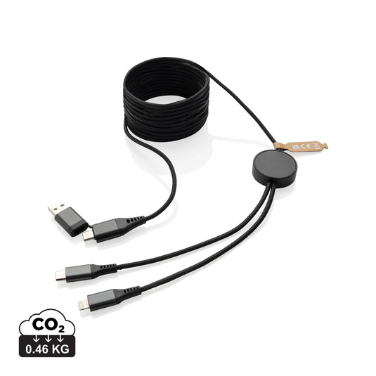 XD Xclusive Terra RCS recycled PET 3-meter 4-in-1 phone and tablet charging cable laid out on a surface.