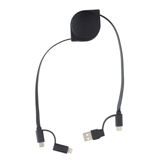 XD Collection RCS recycled plastic and TPE 6-in-1 cable for phones and tablets, showing multiple connectors and durable design