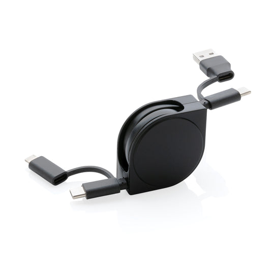 XD Collection RCS recycled plastic and TPE 6-in-1 cable for phone and tablet accessories, showing multiple connectors and durable design.