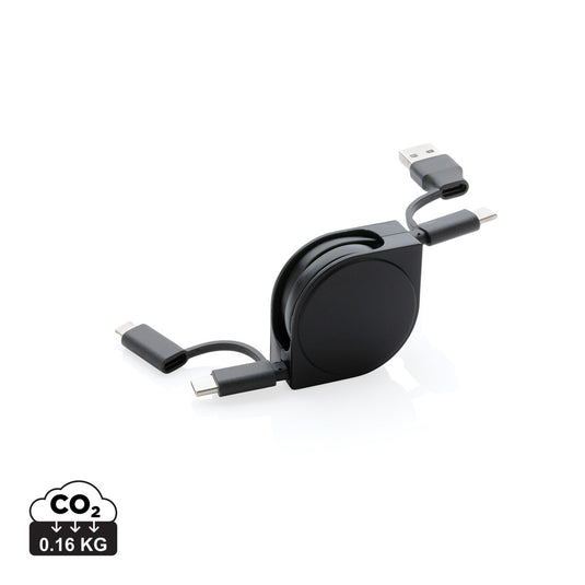 XD Collection RCS recycled plastic and TPE 6-in-1 cable for phone and tablet accessories, showing multiple connectors and durable design.