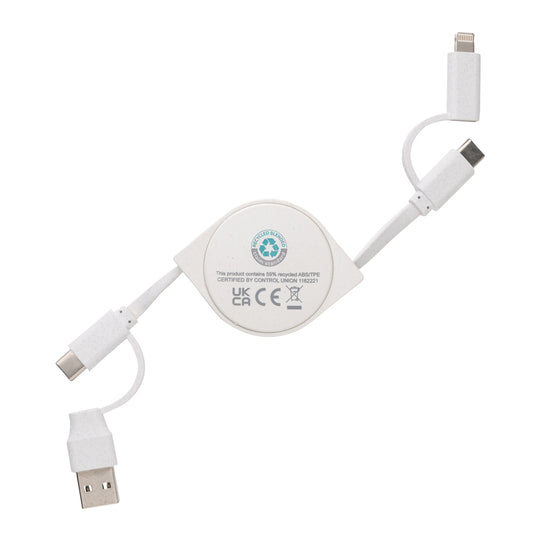 XD Collection RCS recycled plastic and TPE 6-in-1 phone and tablet charging cable with multiple connectors.