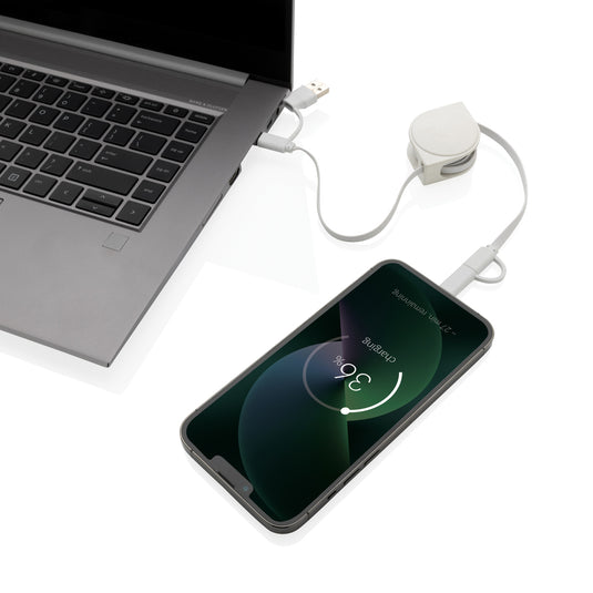 XD Collection RCS recycled plastic and TPE 6-in-1 cable for phones and tablets, showing multiple connectors and durable design.