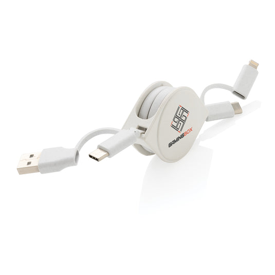 XD Collection RCS recycled plastic and TPE 6-in-1 cable for phone and tablet accessories, showing multiple connectors and durable design.
