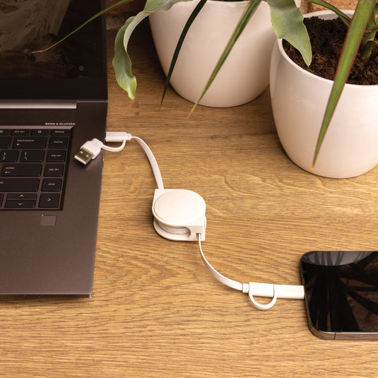 XD Collection RCS 6-in-1 recycled plastic and TPE phone and tablet cable with multiple connectors for versatile charging and data transfer.