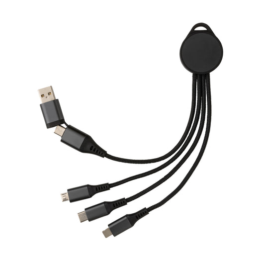 XD Xclusive Terra RCS recycled aluminium 6-in-1 charging cable for phones and tablets, with multiple connectors visible.