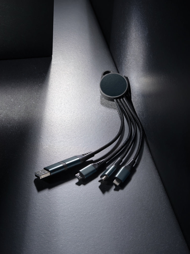 Load image into Gallery viewer, XD Xclusive Terra RCS recycled aluminium 6-in-1 charging cable for phones and tablets, with multiple connection ports visible.
