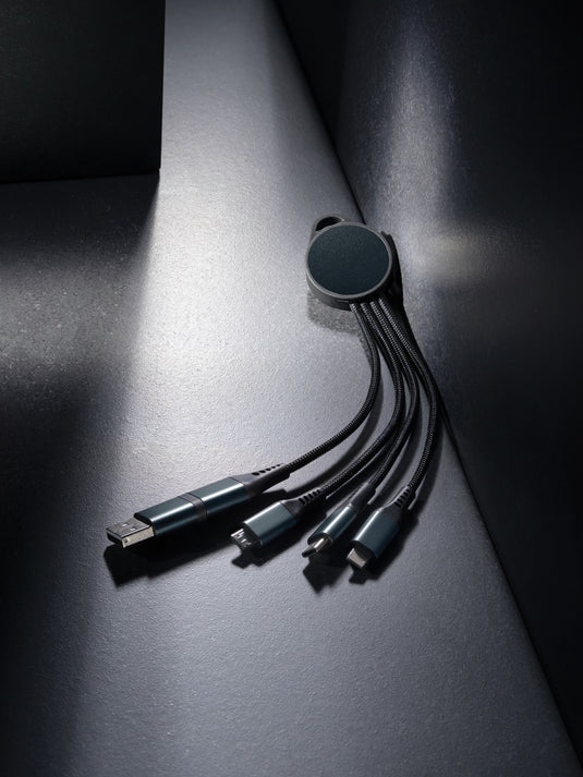 XD Xclusive Terra RCS recycled aluminium 6-in-1 charging cable for phones and tablets, with multiple connection ports visible.