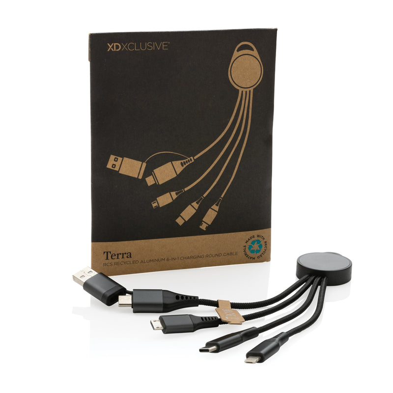 Load image into Gallery viewer, XD Xclusive Terra RCS recycled aluminium 6-in-1 charging cable for phones and tablets, featuring durable, eco-friendly design.
