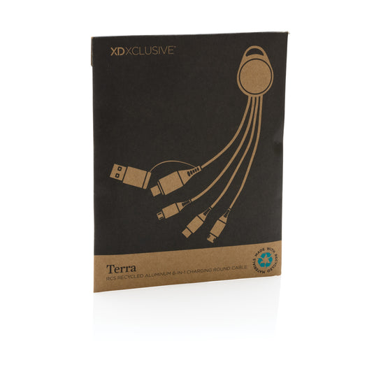 XD Xclusive Terra RCS recycled aluminium 6-in-1 charging cable for phones and tablets, with multiple connector heads visible.