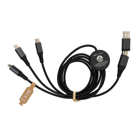 XD Xclusive Terra RCS recycled aluminium 120cm 6-in-1 phone and tablet charging cable, showing multiple connectors and sleek design.