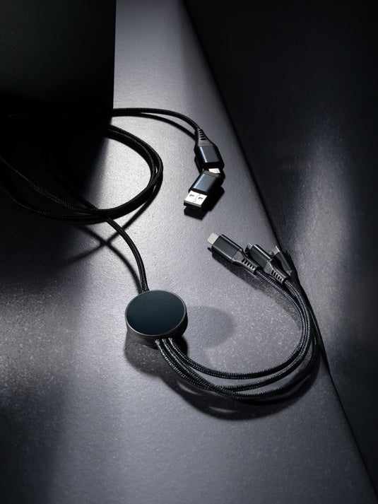 XD Xclusive Terra RCS recycled aluminium 120cm 6-in-1 phone and tablet charging cable with multiple connectors and durable design.