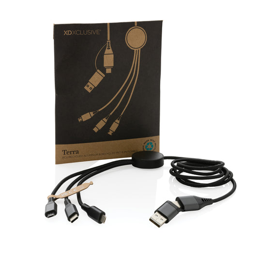XD Xclusive Terra RCS recycled aluminum 120cm 6-in-1 phone and tablet cable with multiple connectors for versatile charging.
