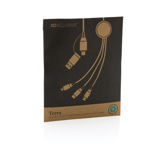 XD Xclusive Terra RCS recycled aluminum 120cm 6-in-1 cable for phones and tablets, featuring multiple charging and data ports.