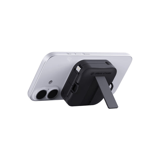 Urban Vitamin San Jose 100W stand with retractable cable for phones and tablets, featuring sleek design and adjustable support.