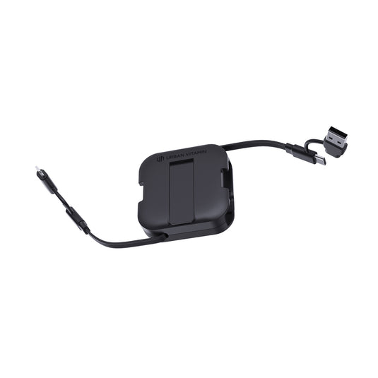 Urban Vitamin San Jose 100W stand with retractable cable for phones and tablets, shown holding a device on a sleek stand.