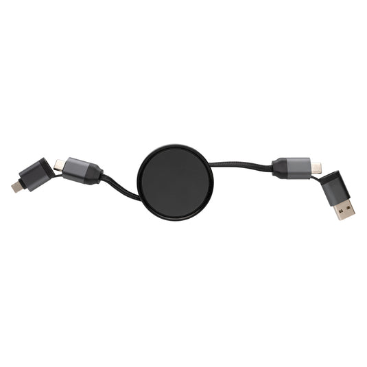 XD Xclusive Terra RCS recycled aluminium 6-in-1 45W cable for phones and tablets, showing the retractable design and multiple connectors.