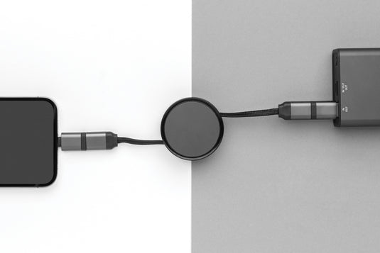 XD Xclusive Terra RCS recycled aluminium retractable 6-in-1 45W cable for phone and tablet accessories, showing the compact, multi-connector design.