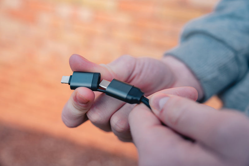 Load image into Gallery viewer, XD Xclusive Terra RCS recycled aluminum retractable 6-in-1 45W cable for phones and tablets, showing multiple connectors and sleek design.

