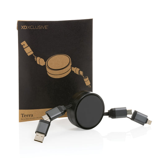 XD Xclusive Terra RCS recycled aluminium 6-in-1 45W retractable cable for phone and tablet charging and data transfer.