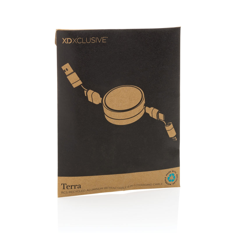Load image into Gallery viewer, XD Xclusive Terra RCS recycled aluminium 6-in-1 retractable 45W cable for phone and tablet accessories, shown coiled and extended.
