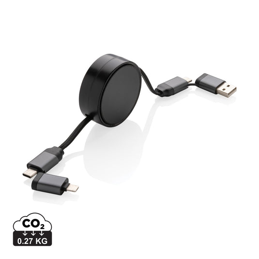 XD Xclusive Terra RCS recycled aluminum 6-in-1 retractable 45W cable for phone and tablet charging and data transfer.