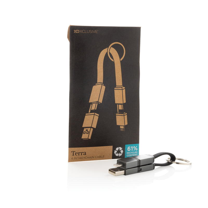 Load image into Gallery viewer, XD Xclusive Terra recycled aluminum 4-in-1 60W fast charging cable for phones and tablets, showing the multi-connector design.

