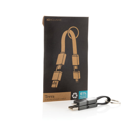 XD Xclusive Terra recycled aluminum 4-in-1 60W fast charging cable for phones and tablets, showing the multi-connector design.