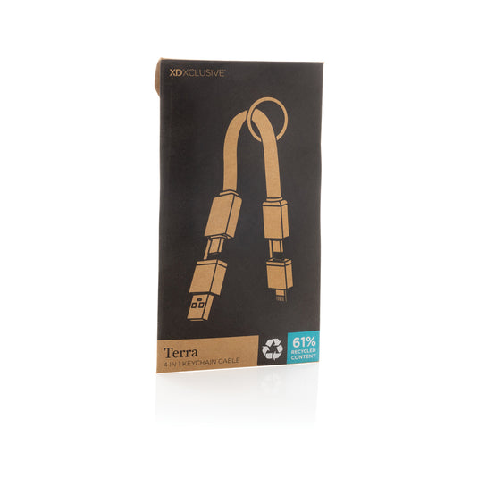 XD Xclusive Terra recycled aluminum 4-in-1 60W fast charging cable for phones and tablets, with multiple connectors and durable design.