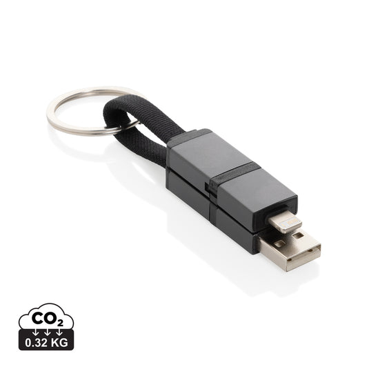XD Xclusive Terra recycled aluminum 4-in-1 60W fast charging cable for phones and tablets with multiple connector options.