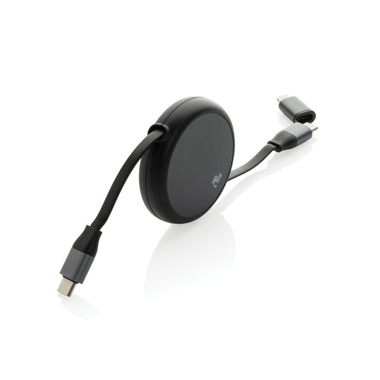 XD Xclusive Terra RCS recycled aluminium 240W 2-in-1 retractable phone and tablet charging cable, compact and durable design