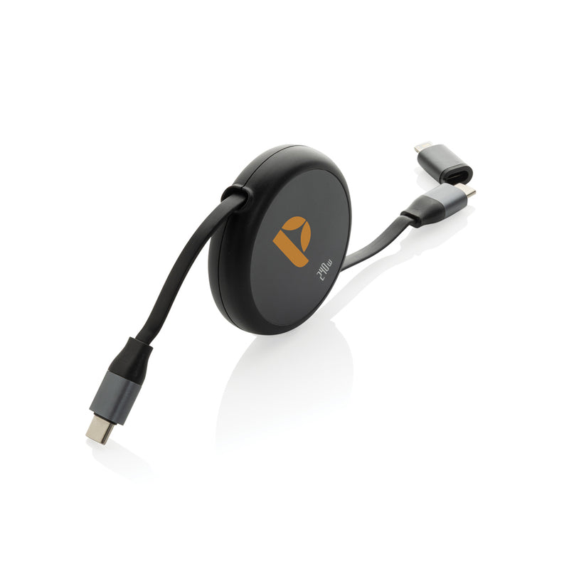 Load image into Gallery viewer, XD Xclusive Terra RCS recycled aluminium 240W 2-in-1 retractable cable for phone and tablet accessories, shown coiled and extended.
