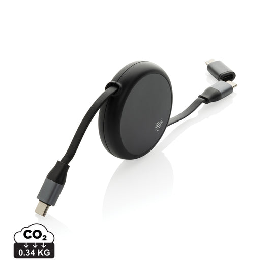 XD Xclusive Terra RCS recycled aluminium 240W 2-in-1 retractable phone and tablet charging cable, silver and black design.