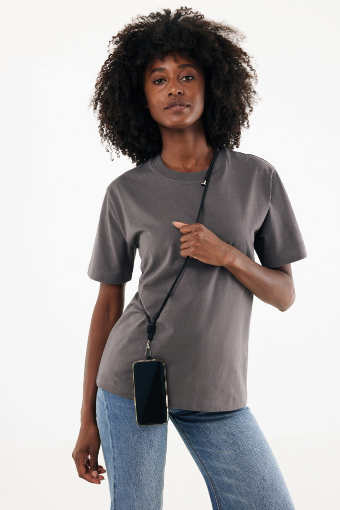Load image into Gallery viewer, XD Collection CarryLoop RCS recycled PET adjustable phone holder lanyard, gray and black, with secure clip and ergonomic design.
