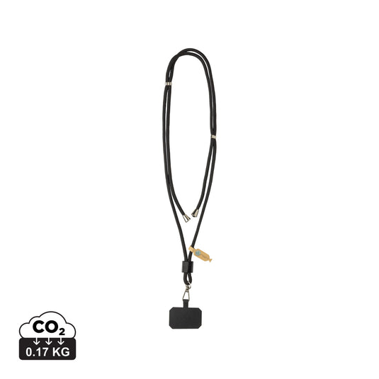 XD Collection CarryLoop RCS recycled PET adjustable phone holder lanyard showing a sleek black design with clip attachment.