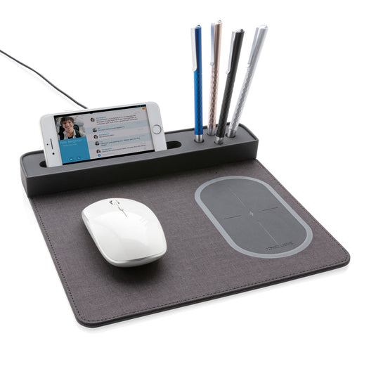 XD Xclusive air mousepad with 5W wireless charging and USB port, designed for phones and tablets, black, sleek surface.