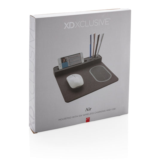 XD Xclusive air mousepad with 5W wireless charging and USB port, designed for phones and tablets, sleek and functional.