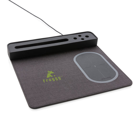 XD Xclusive air mousepad with 5W wireless charging and USB port for phones and tablets, featuring a sleek, modern design.