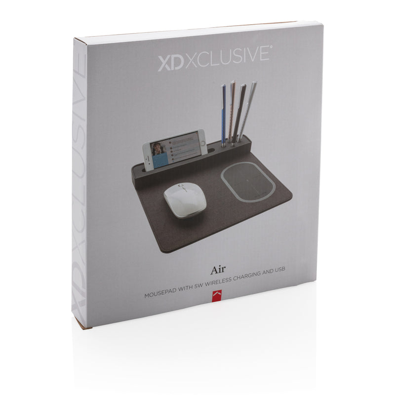 Load image into Gallery viewer, XD Xclusive air mousepad with 5W wireless charging pad and USB port, designed for phones and tablets, sleek and functional accessory.
