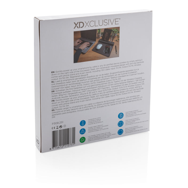Load image into Gallery viewer, XD Xclusive air mousepad with 5W wireless charging and USB port, designed for phones and tablets, shown with sleek black surface.
