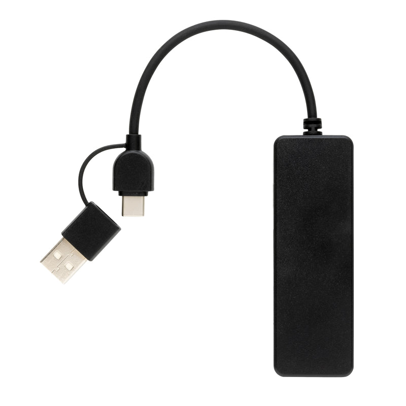 Load image into Gallery viewer, XD Collection RCS recycled plastic USB hub with dual input for phone and tablet accessories, shown with connected devices.
