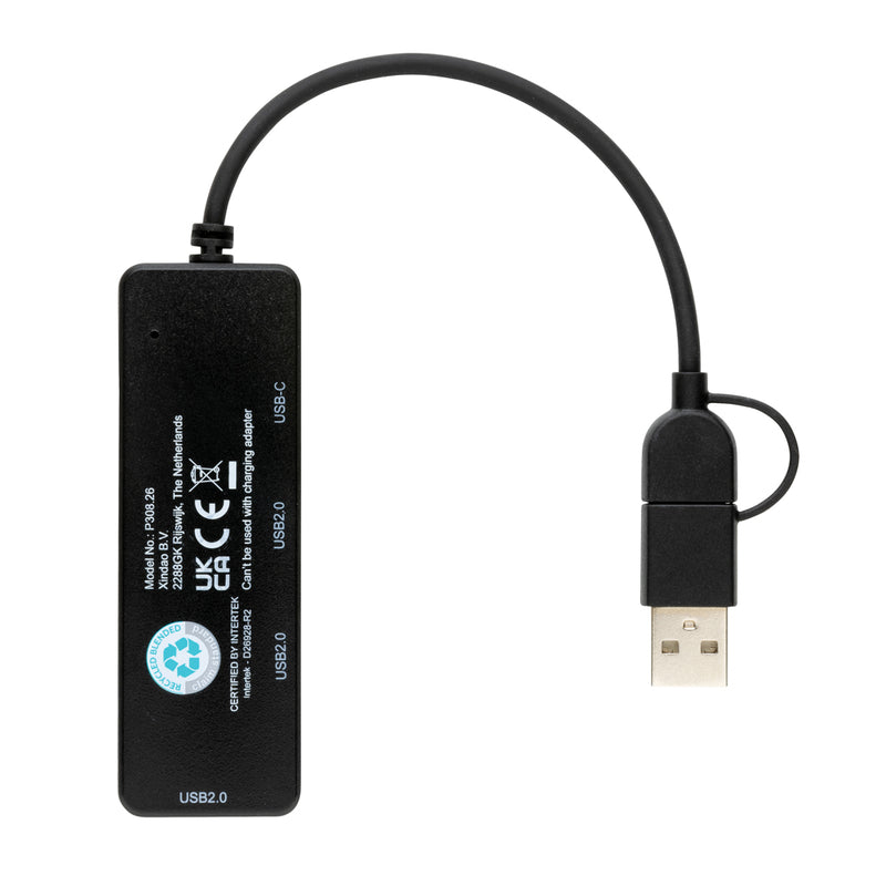 Load image into Gallery viewer, XD Collection RCS recycled plastic USB hub with dual input for phones and tablets, showing multiple ports and sleek design.
