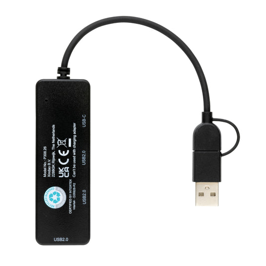 XD Collection RCS recycled plastic USB hub with dual input for phones and tablets, showing multiple ports and sleek design.