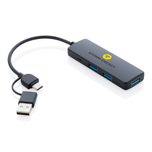 XD Collection RCS recycled plastic USB hub with dual input for phones and tablets, showcasing its compact design and multiple ports.